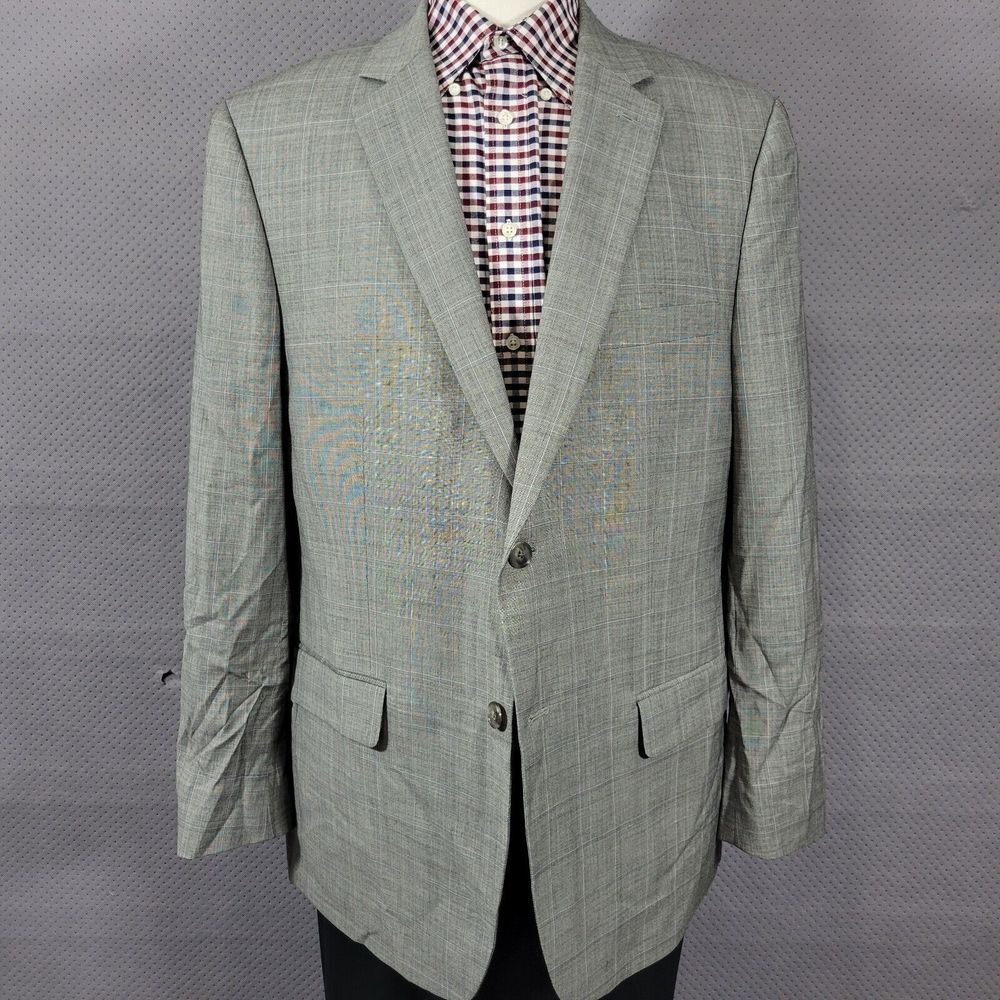 Tasso Elba‎ Men's Sport Coat Blazer Two Button Gray Plaid Shark Skin Wool 44R